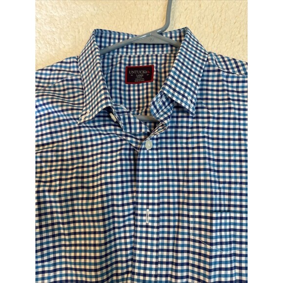 Untuckit Shirt Mens Large Navy Blue Teal Check Short Sleeve Slim Fit Manzanilla - Picture 2 of 9